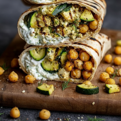 Vegetariánská tortilla plněná cizrnou, cuketou a bylinkovým dresinkem