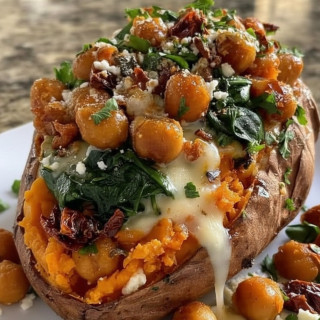 Pečené batáty plněné cizrnou a sýrem