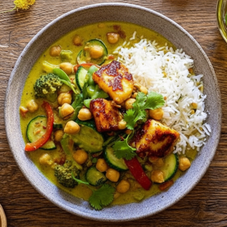 Rýže se zeleninou, kari, halloumi a cizrnou