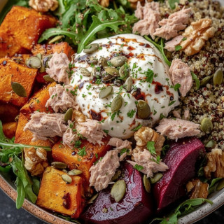 Bowl s pečenou řepou, batáty a tuňákem